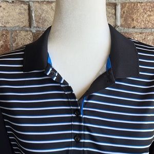 PGA Tour Women’s Large Golf Polo Shirt 3/4 Sleeves Black/White/Blue striped